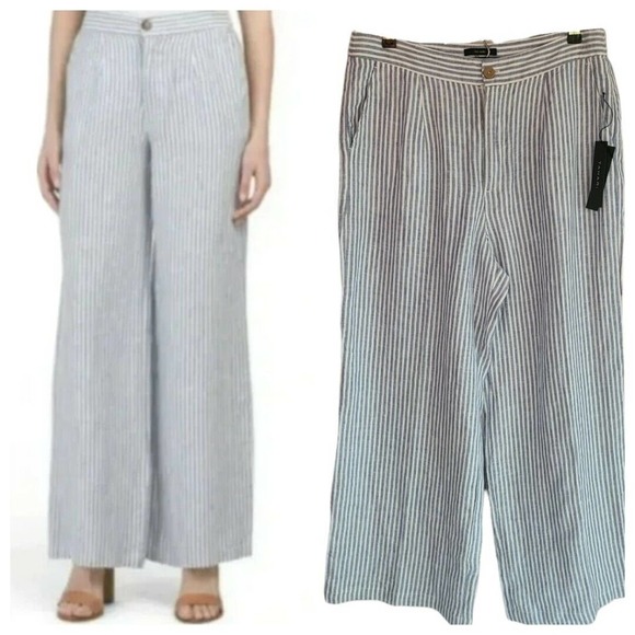 Tahari Pants - Tahari 100% Linen Blue Striped High Rise Wide Leg Pants Size 14 NWT